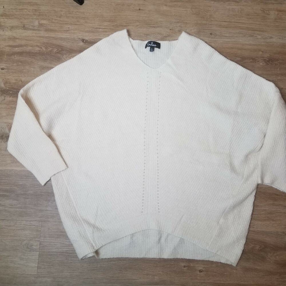 Lulus Chunky Knit Sweater - Womens LARGE - Cream V-Neck Long Sleeve Oversized